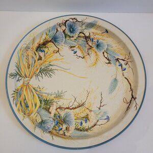 Vintage Prettique Lausanne Decorative Metal Tray Floral Design & Blue Trim